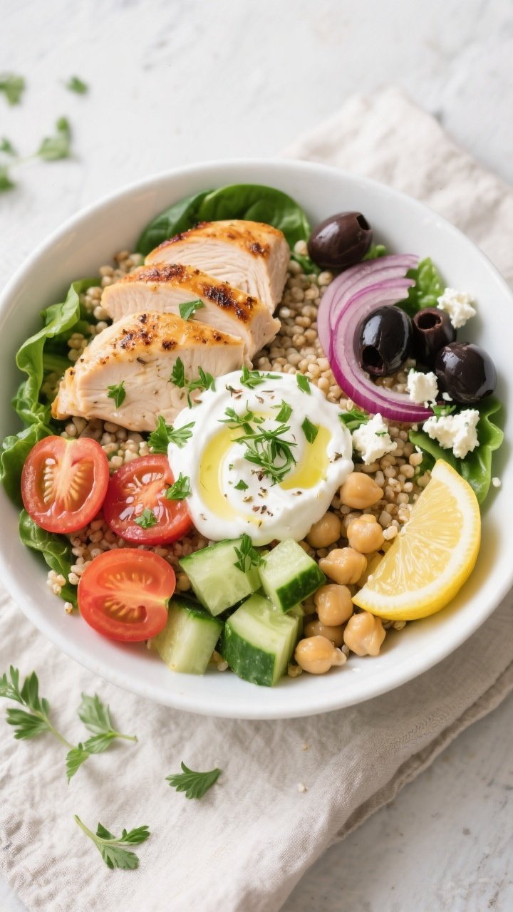 Tasty top view: Overhead shot of assembled High Protein Greek Chicken Power Bowl—half sliced, juic