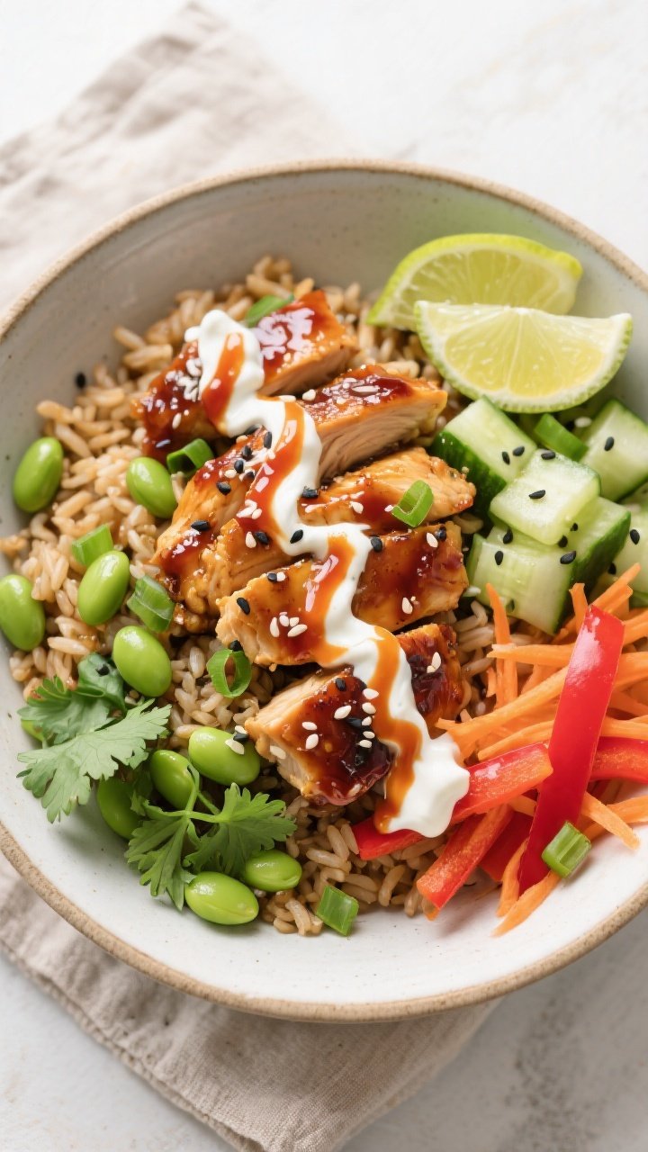 Tasty top view: Overhead shot of assembled High Protein Spicy Honey Chicken Bowl—fluffy jasmine or