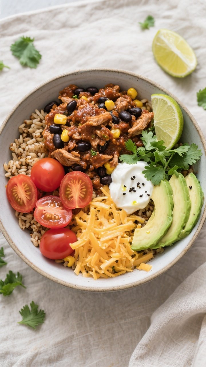 Tasty top view: Overhead shot of assembled High Protein Turkey Taco Bowls—base of fluffy brown ric