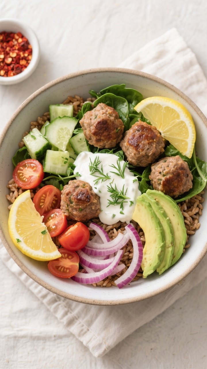 Tasty top view: Overhead shot of assembled High Protein Turkey Meatball Bowl with brown rice base, m