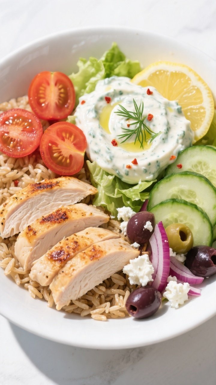 Tasty top view: Overhead shot of assembled High Protein Chicken Tzatziki Bowl on a matte white shall