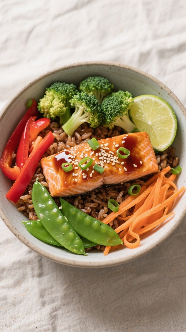 Tasty top view: Overhead shot of assembled High Protein Teriyaki Salmon Bowl with brown rice base, c