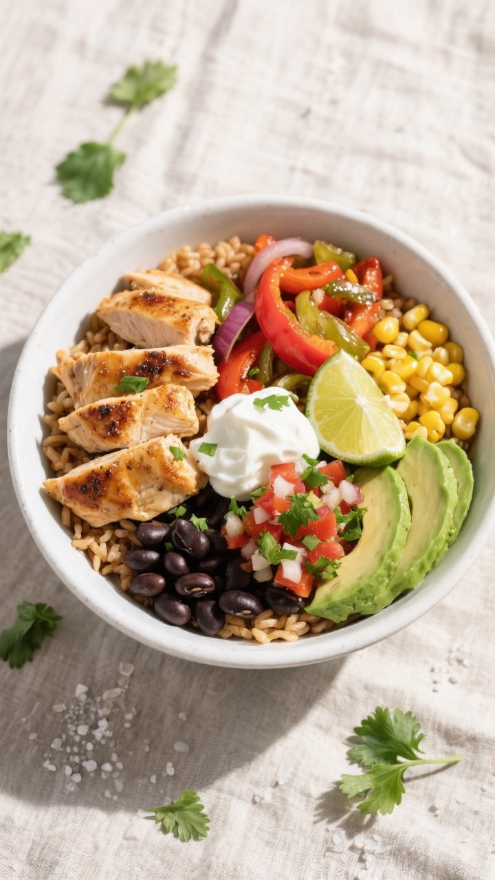 Tasty top view: Overhead shot of assembled High-Protein Chicken Fajita Bowls, neatly arranged sectio