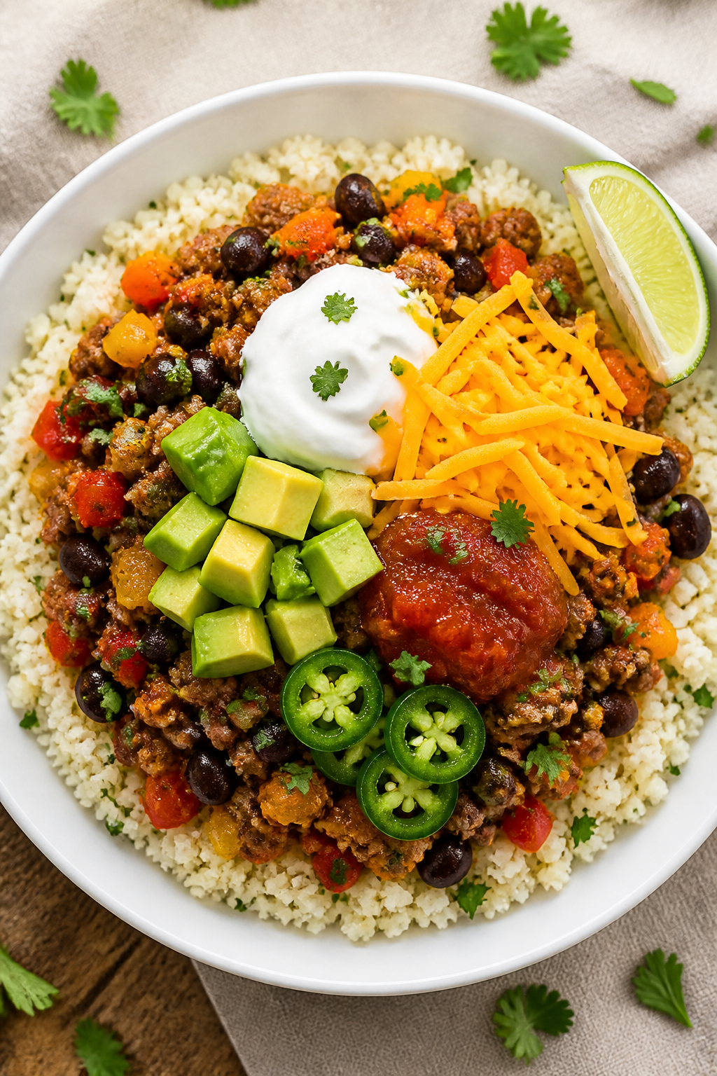 Tasty top view: Overhead shot of assembled High Protein Turkey Taco Cauliflower Rice Bowl—fluffy c