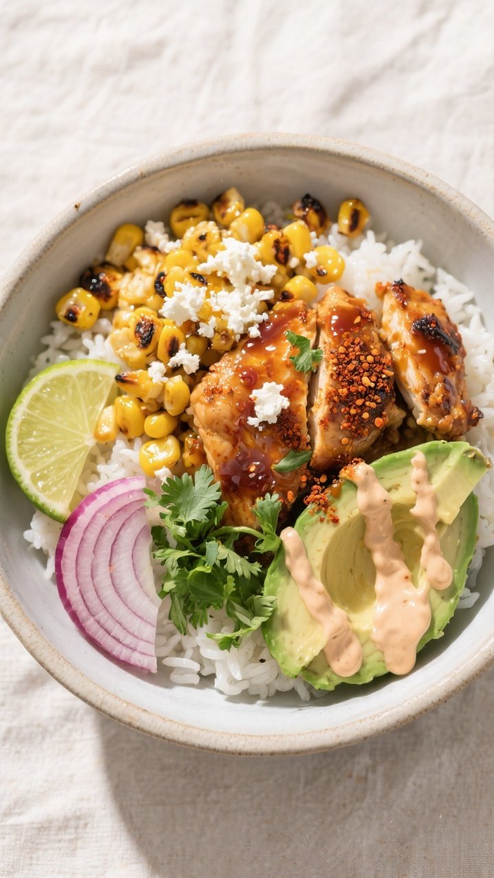 Tasty top view: Overhead shot of assembled Hot Honey Chicken Street Corn Bowls—fluffy white rice b