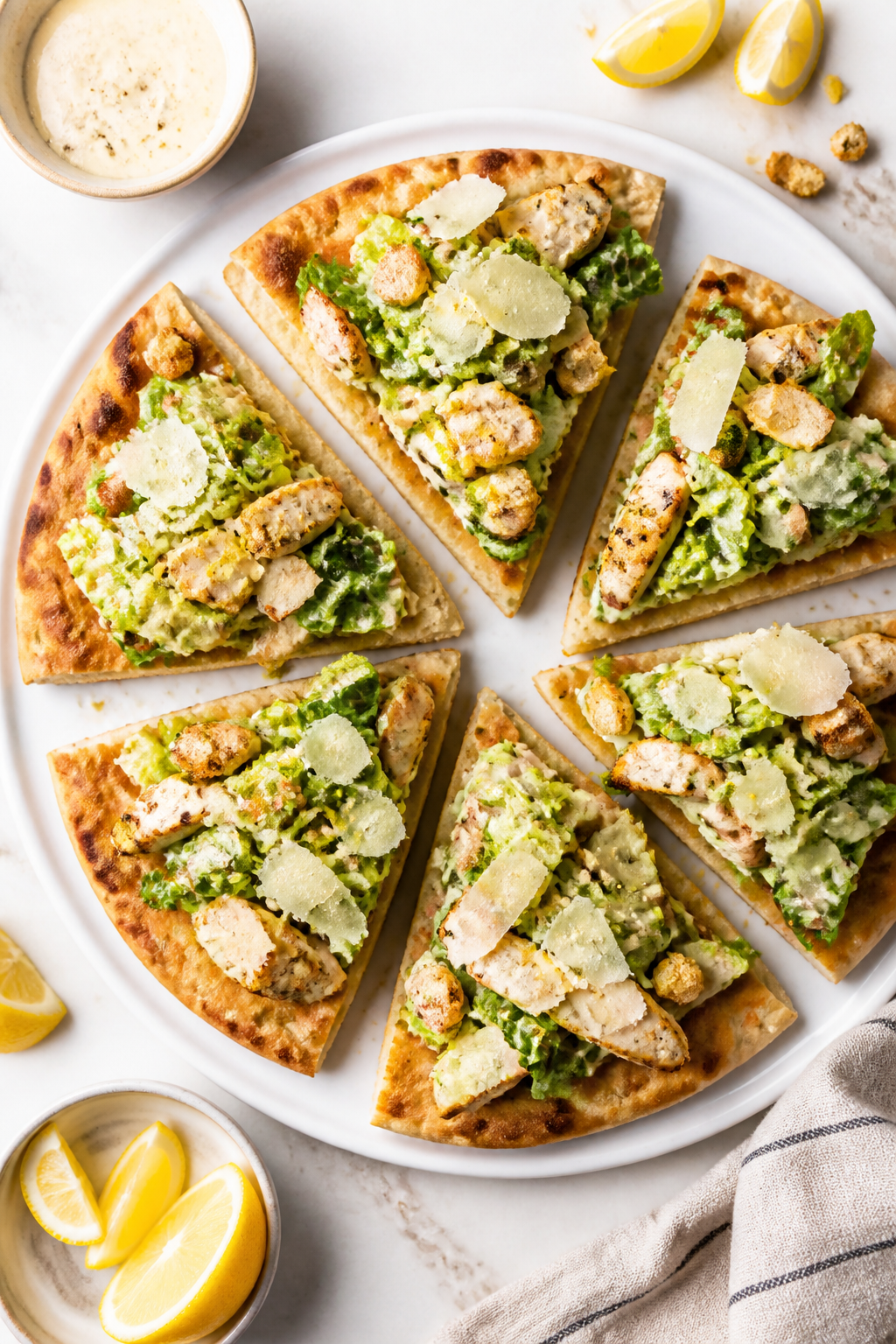 Tasty top view: Overhead shot of assembled Lazy Chicken Caesar Flatbreads sliced into wedges on a ma