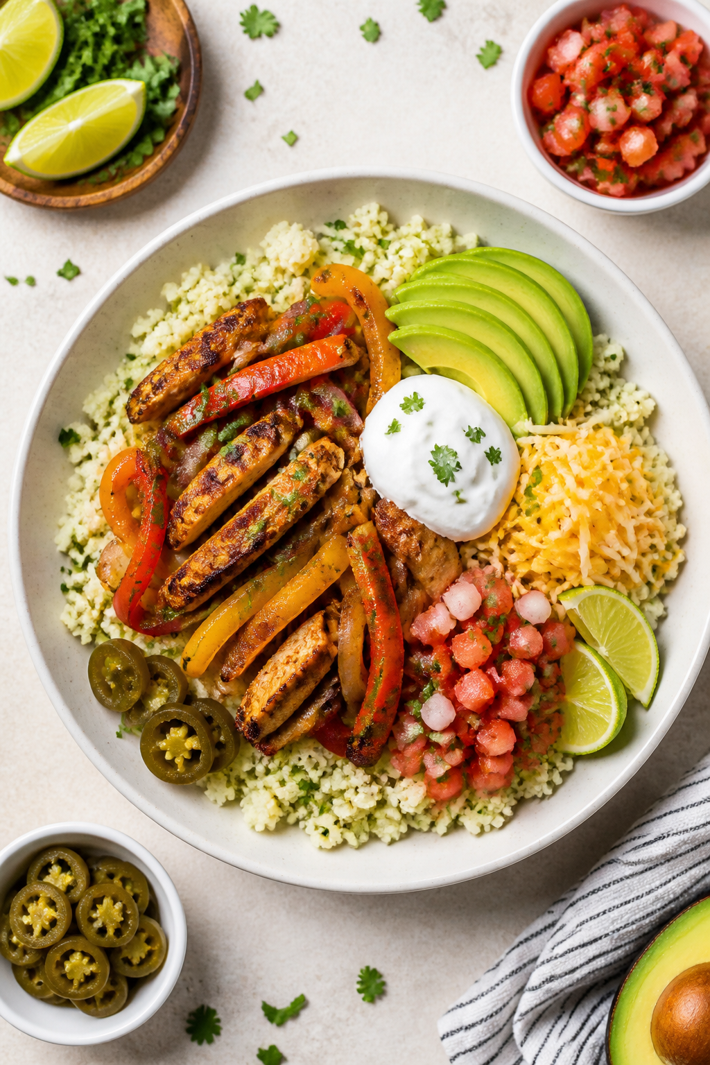 Tasty top view: Overhead shot of assembled low carb chicken fajita bowls on a light stone surface—