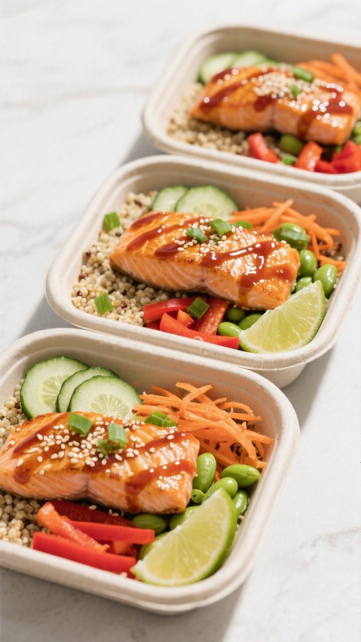 Tasty top view: Overhead shot of assembled meal-prep bowls—three neatly portioned containers with 