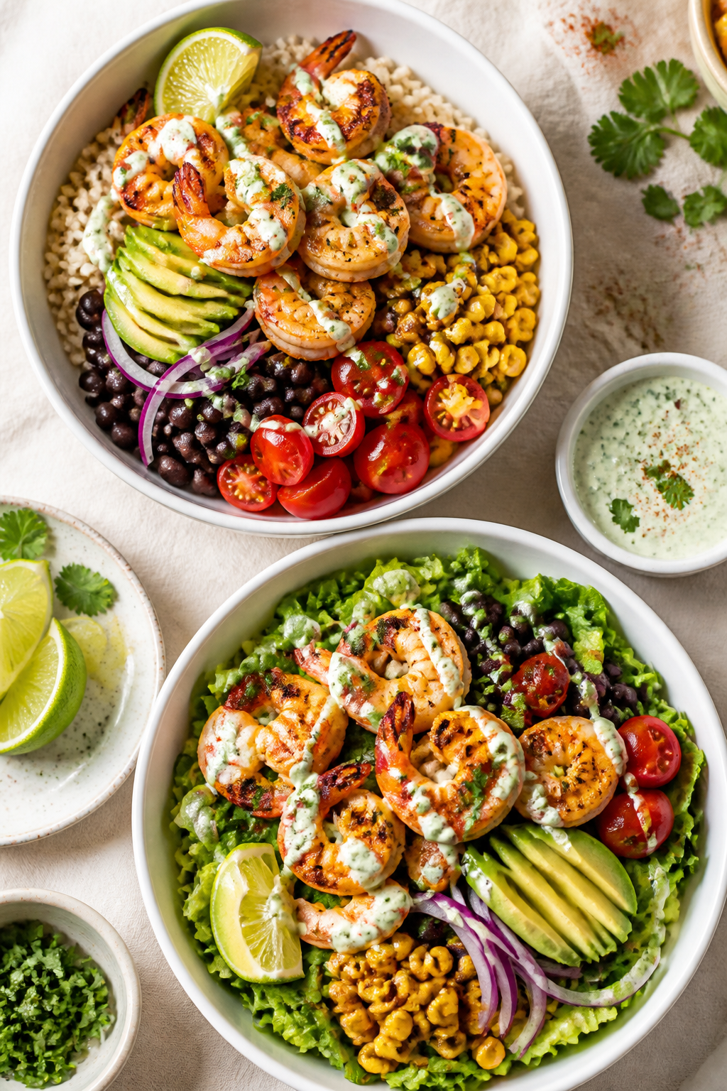 Tasty top view: Overhead shot of assembled shrimp taco bowls—base of fluffy brown rice on one bowl