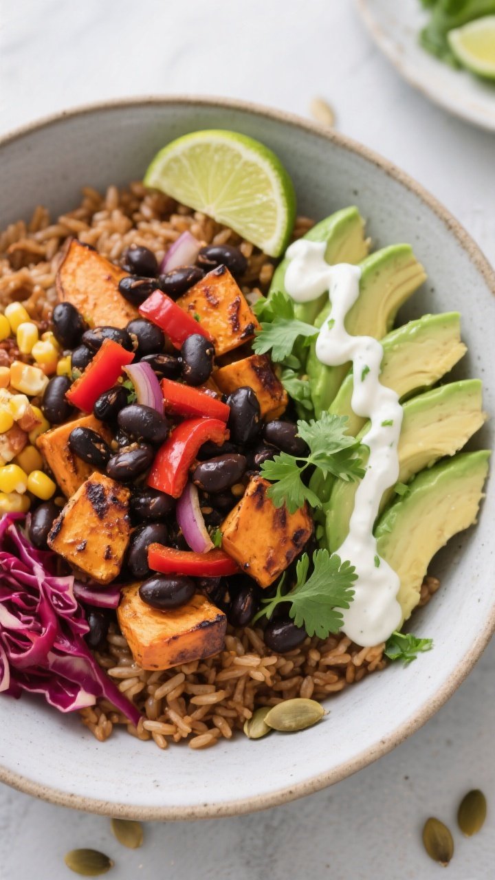 Tasty top view: Overhead shot of assembled Sweet Potato Black Bean Bowls on a matte ceramic plate—