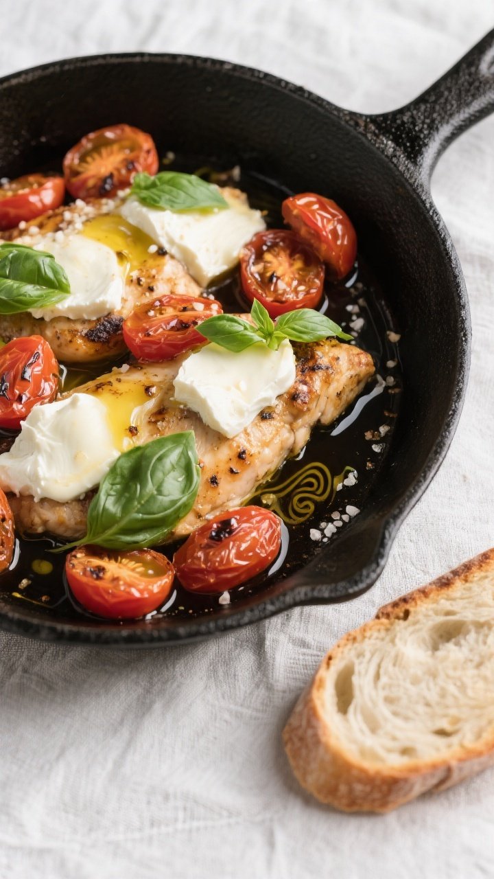 Tasty top view: Overhead shot of Chicken Caprese Skillet right after melting the cheese—mozzarella