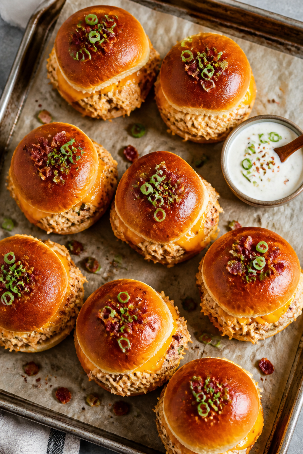 Tasty top view: Overhead shot of crack chicken sliders on buttery brioche buns arranged on a parchme