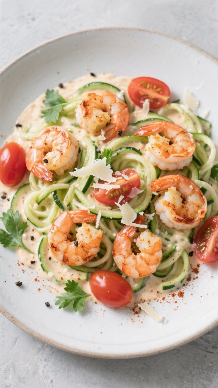 Tasty top view: Overhead shot of Creamy Cajun Shrimp over zucchini noodles for a lighter option; spi