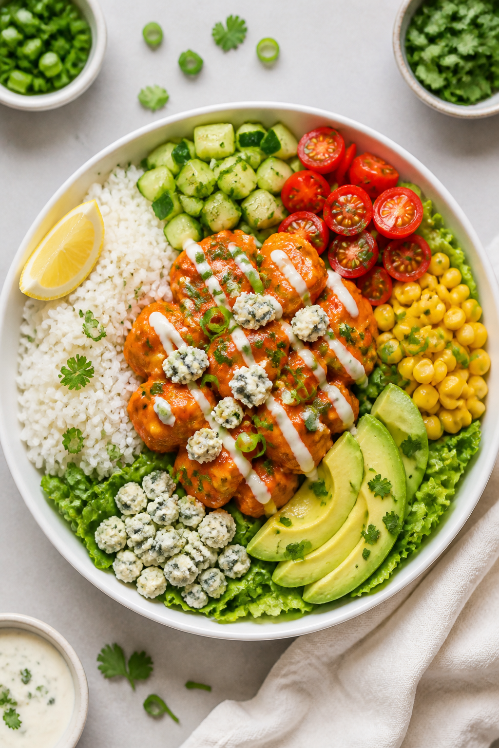 Tasty top view: Overhead shot of Easy Buffalo Ranch Chicken Bowls assembled on a matte white bowl. H