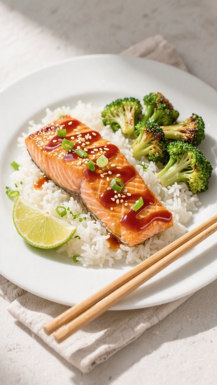 Tasty top view: Overhead shot of final plated Honey Sriracha Salmon on a matte white plate over jasm