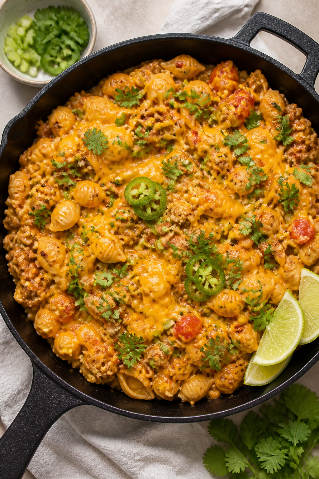 Tasty top view: Overhead shot of finished Ground Beef Taco Pasta Skillet, pasta shells coated in cre