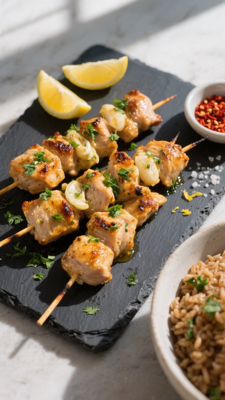 Tasty top view: Overhead shot of finished Healthy Garlic Butter Chicken Kabobs on a dark slate platt