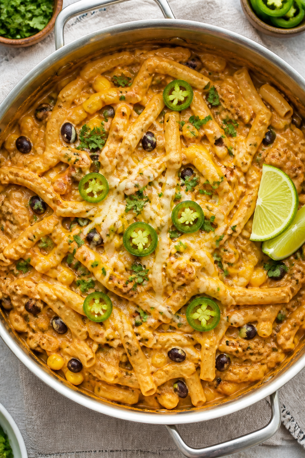 Tasty top view: Overhead shot of finished one-pot creamy taco pasta in the pot, noodles fully coated