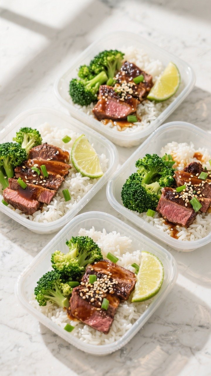 Tasty top view: Overhead shot of four meal-prep containers neatly assembled with fluffy jasmine rice