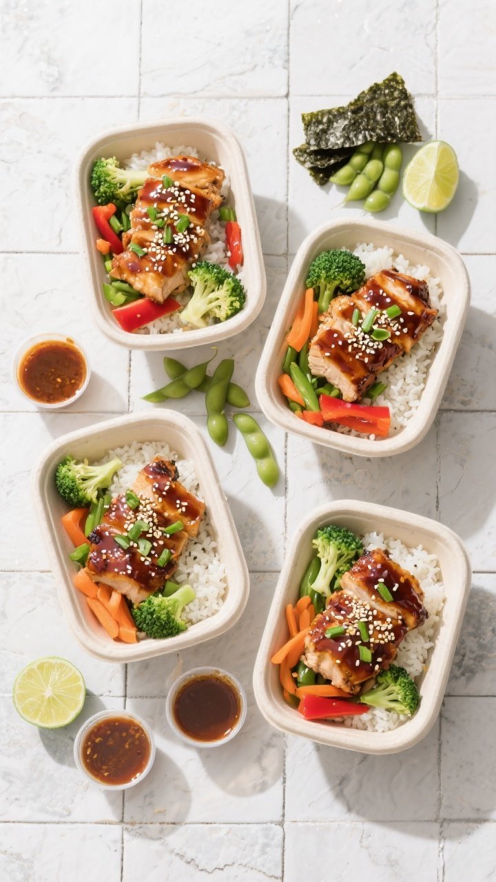 Tasty top view: Overhead shot of four meal-prep containers filled with portioned teriyaki chicken, s