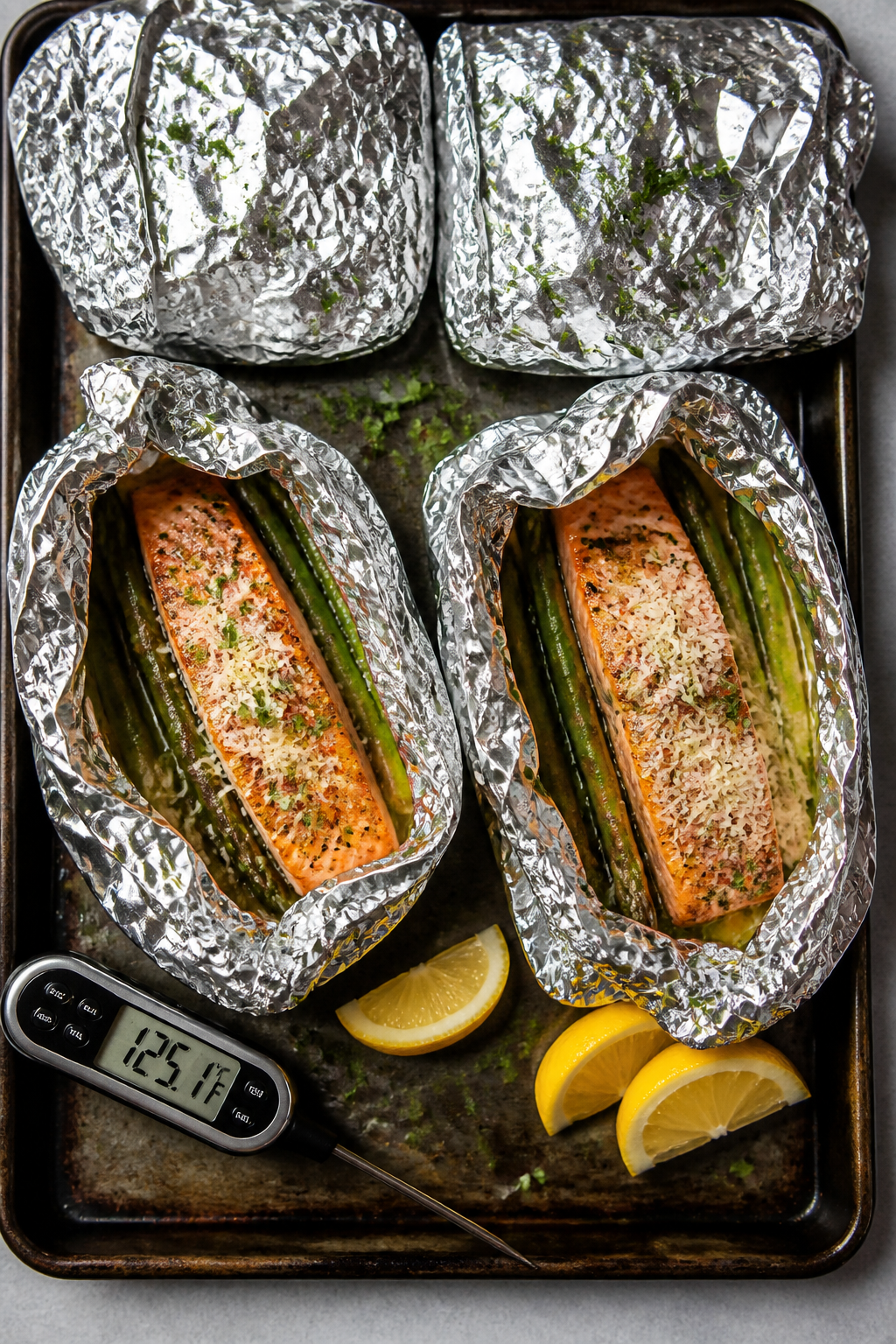 Tasty top view: Overhead shot of four sealed foil packets on a grill or sheet pan, two packets caref