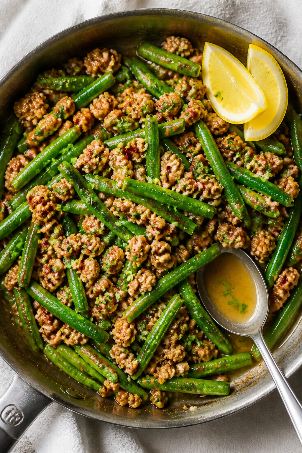 Tasty top view: Overhead shot of Garlic Butter Ground Turkey & Green Beans just finished in the skil