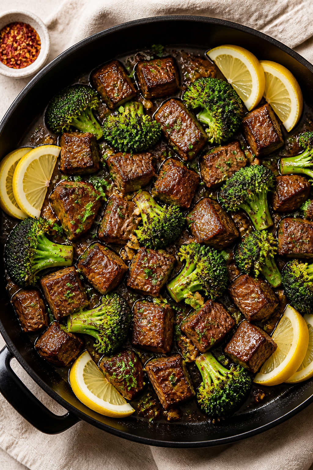 Tasty top view: Overhead shot of Garlic Butter Steak Bites & Broccoli served family-style in a wide