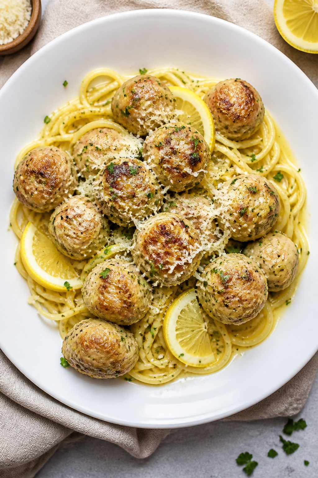 Tasty top view: Overhead shot of garlic butter turkey meatballs nestled over al dente spaghetti, gen