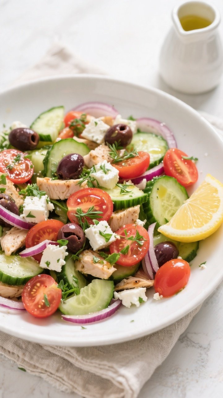 Tasty top view: Overhead shot of Greek Chicken Cucumber Feta Salad just tossed—halved cherry tomat