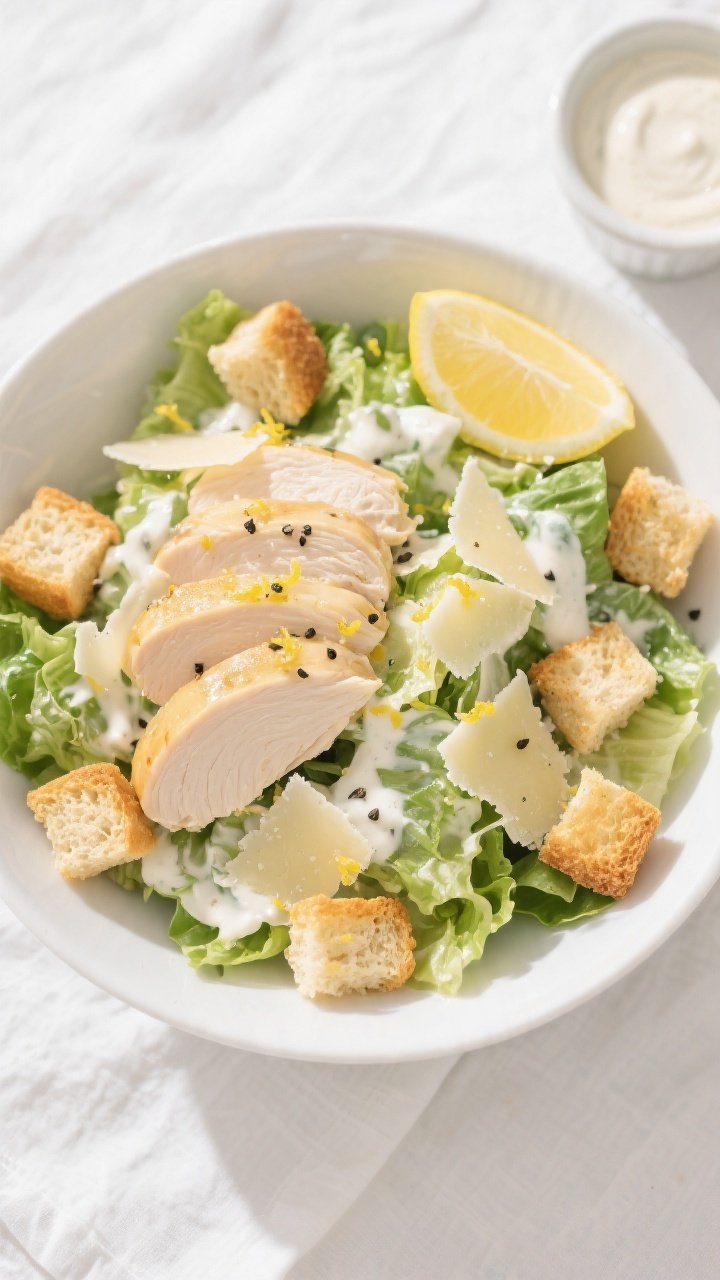 Tasty top view: Overhead shot of Greek Yogurt Chicken Caesar Salad in a wide, shallow white bowl—c