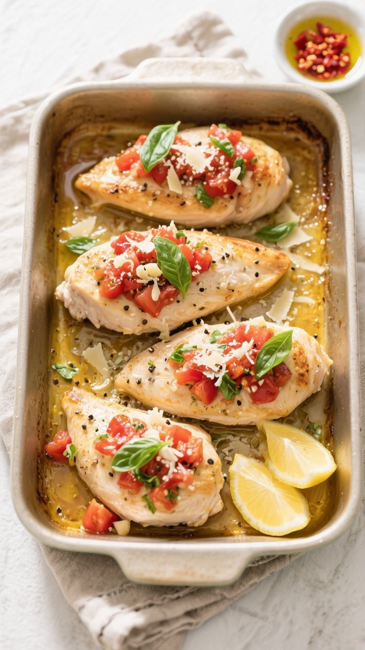 Tasty top view: Overhead shot of Healthy Bruschetta Chicken Bake served family-style—four evenly s