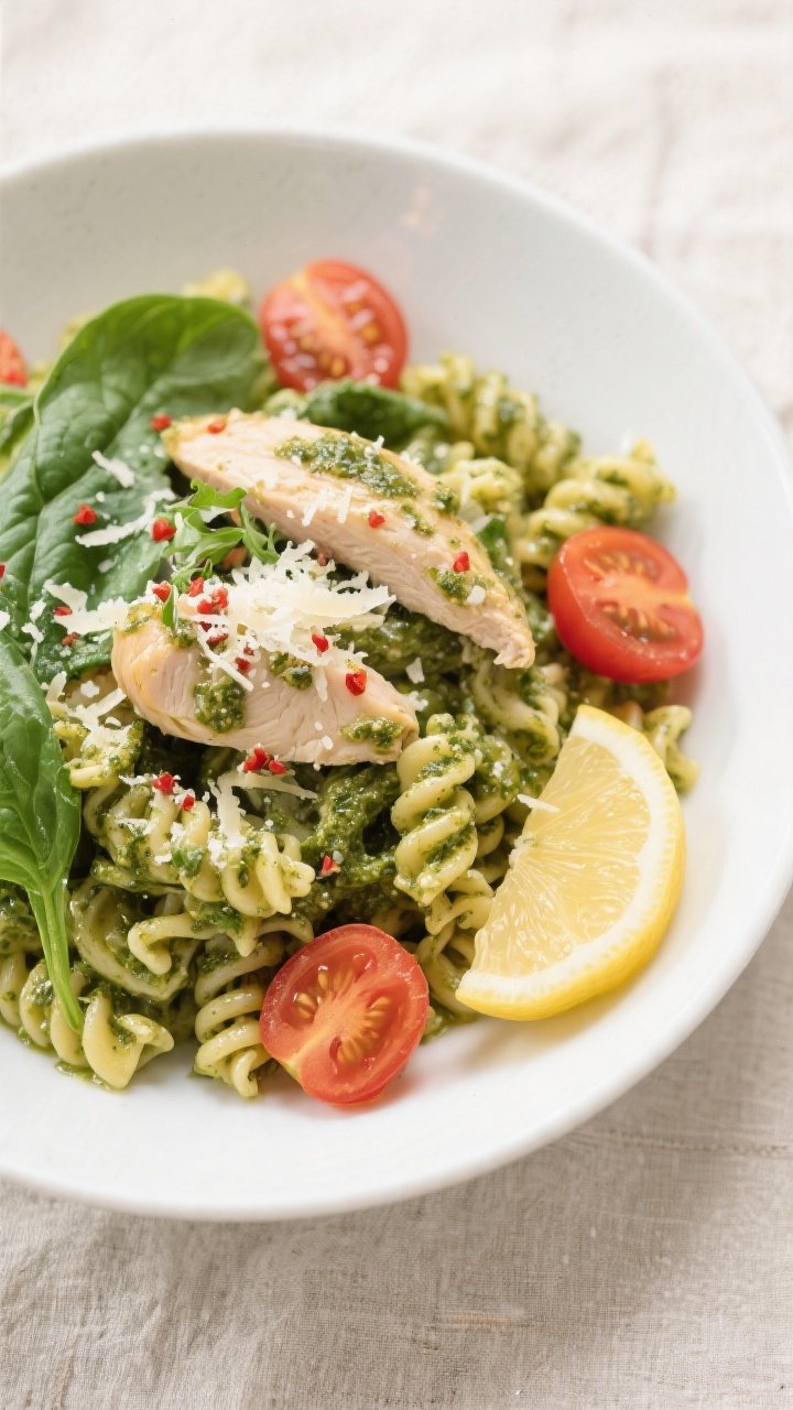 Tasty top view: Overhead shot of high-protein chicken pesto pasta tossed silky with basil pesto and 