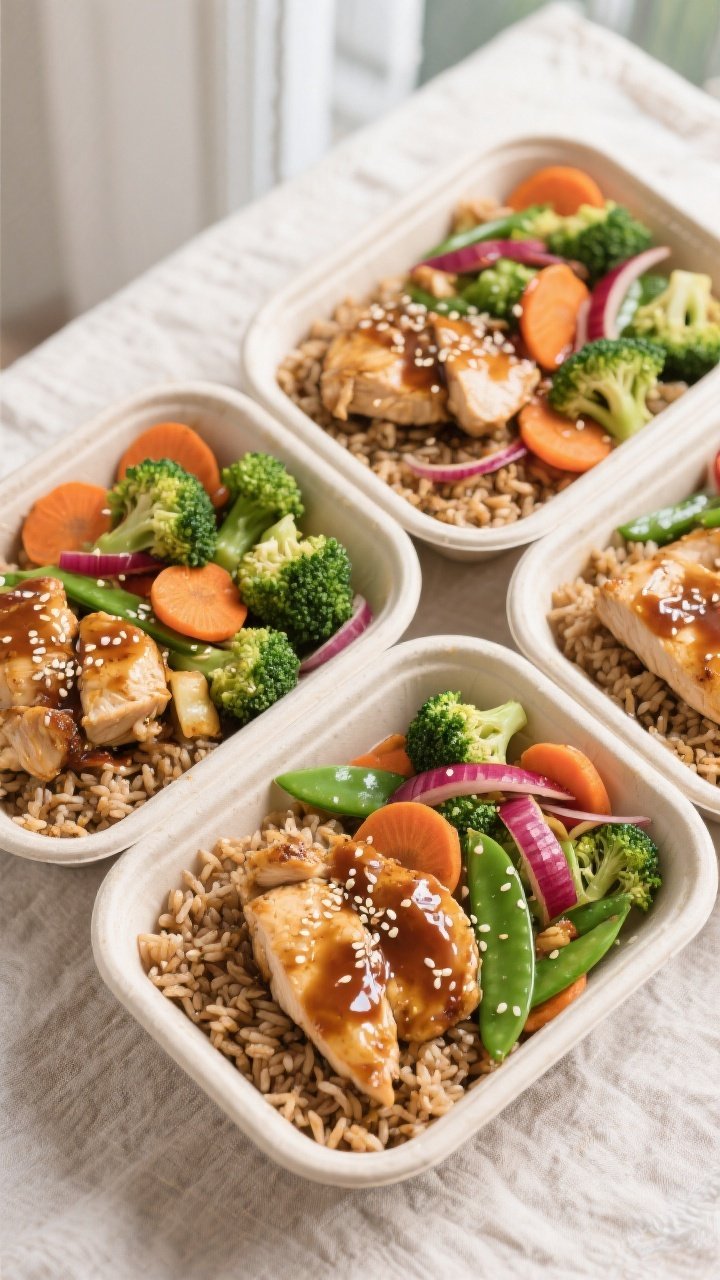 Tasty top view: Overhead shot of high-protein chicken stir fry portioned for meal prep—4 neatly ar
