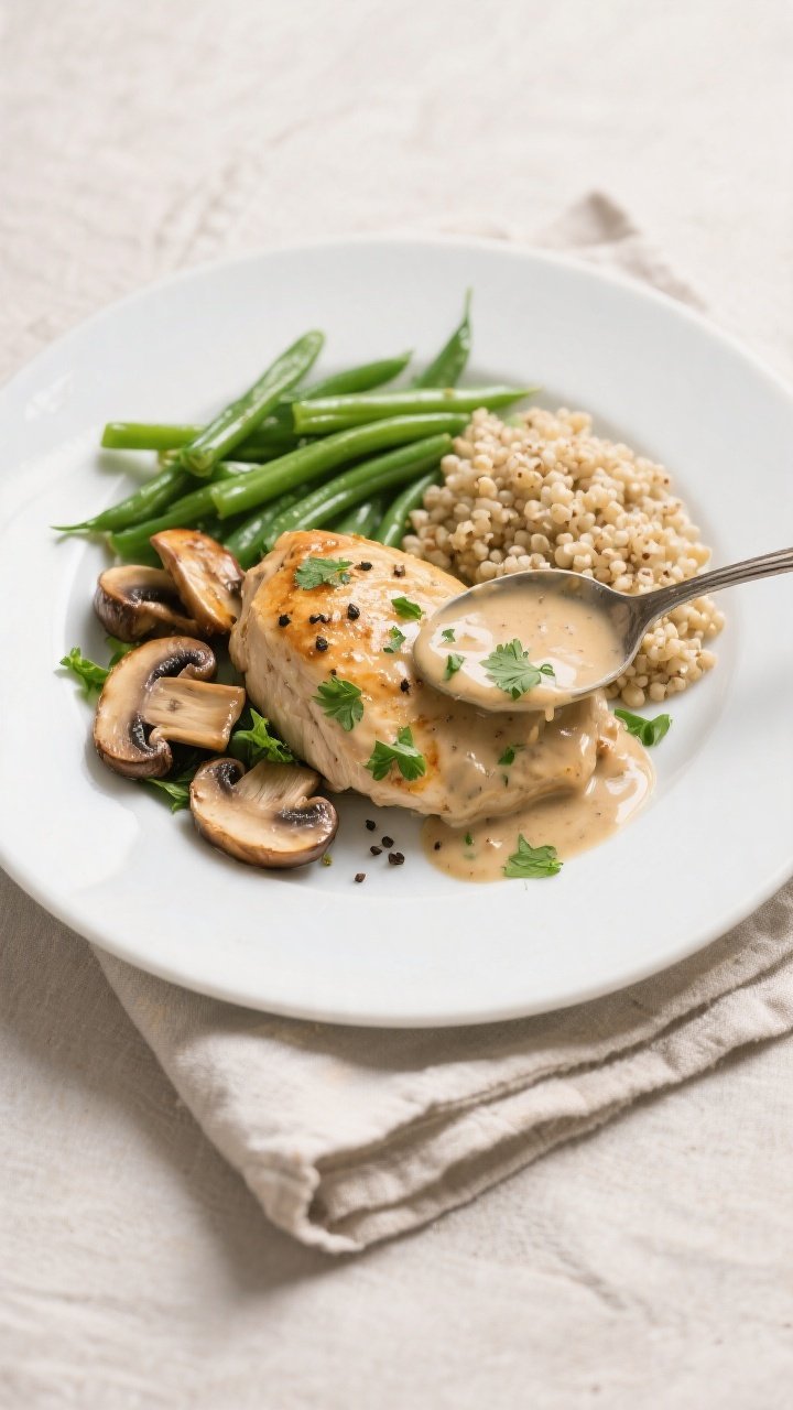 Tasty top view: Overhead shot of High-Protein Creamy Mushroom Chicken plated with a generous spoonin