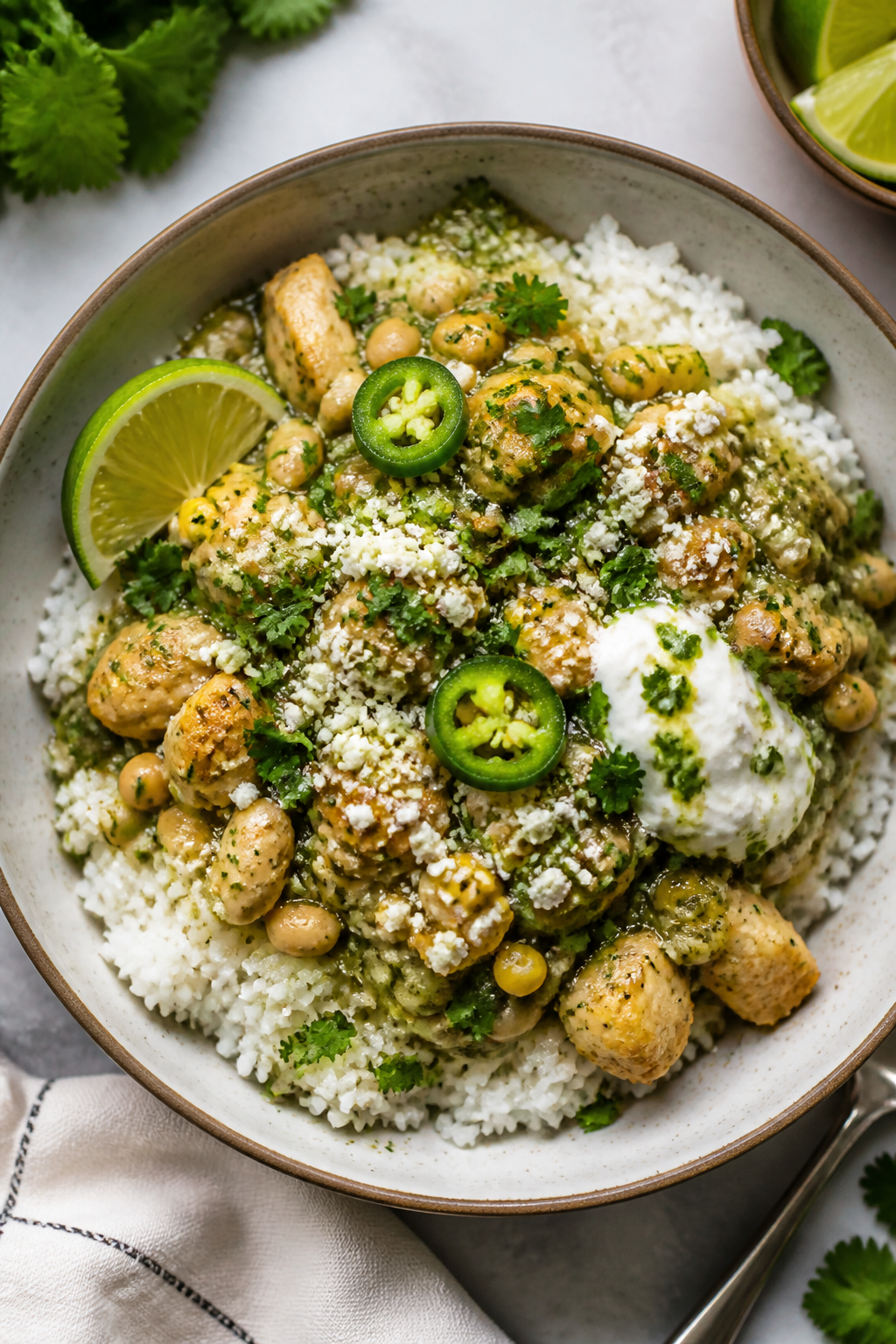 Tasty top view: Overhead shot of High Protein Salsa Verde Chicken Skillet spooned over fluffy white 