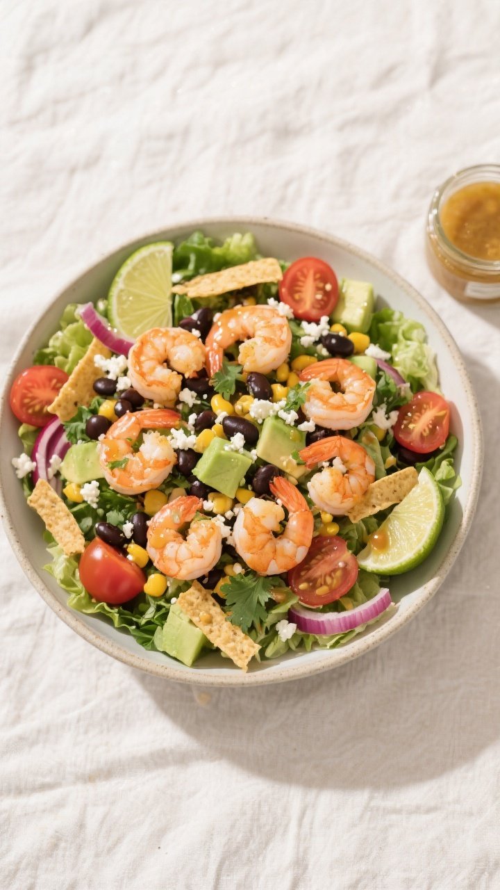 Tasty top view: Overhead shot of Honey Lime Shrimp Taco Salad in a wide shallow bowl—crisp chopped