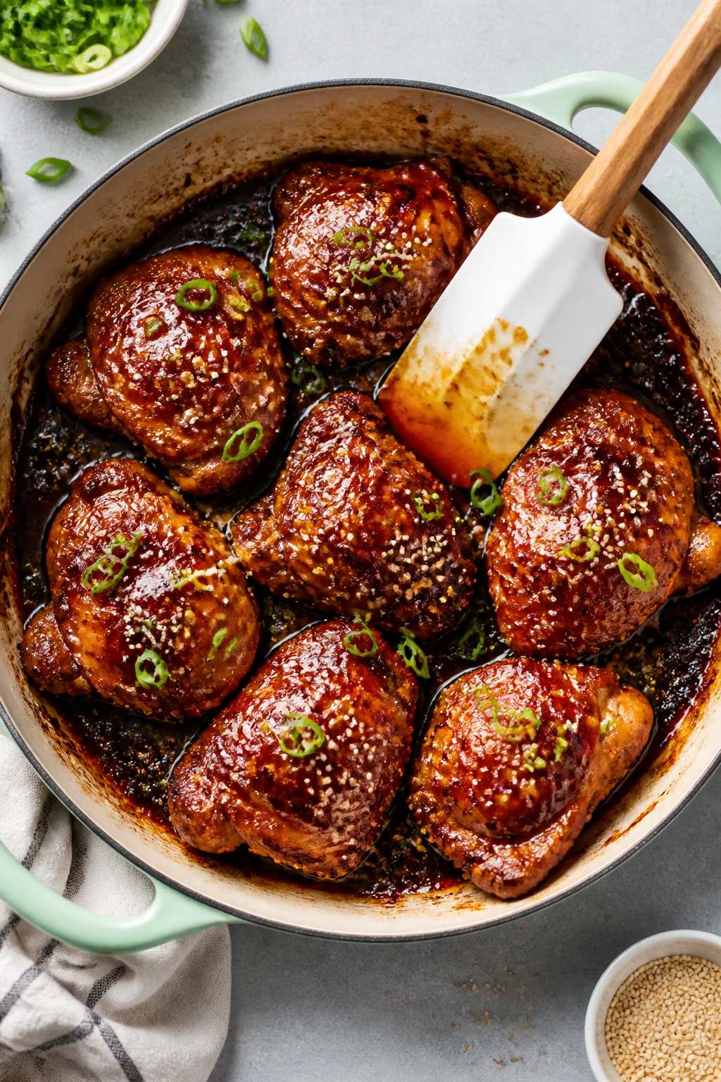 Tasty top view: Overhead shot of juicy honey garlic chicken thighs just out of the oven in an oven-s