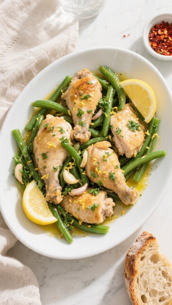 Tasty top view: Overhead shot of Lemon Garlic Chicken & Green Beans plated family-style in a wide, s