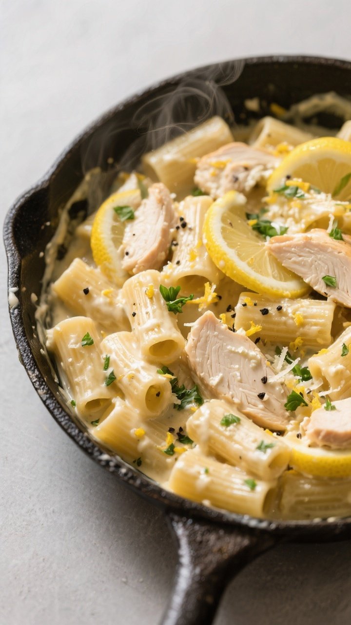 Tasty top view: Overhead shot of lemon ricotta pasta being tossed in a wide skillet off-heat—rigat