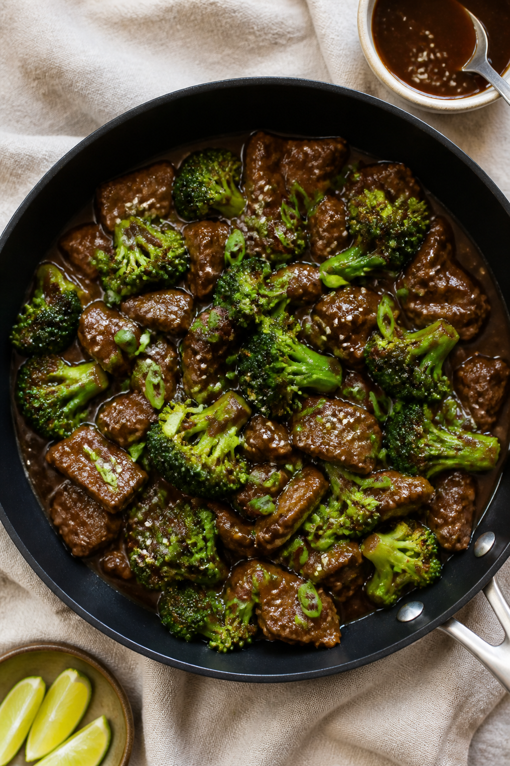 Tasty top view: Overhead shot of Low Carb Beef & Broccoli Skillet just after saucing—beef and brig