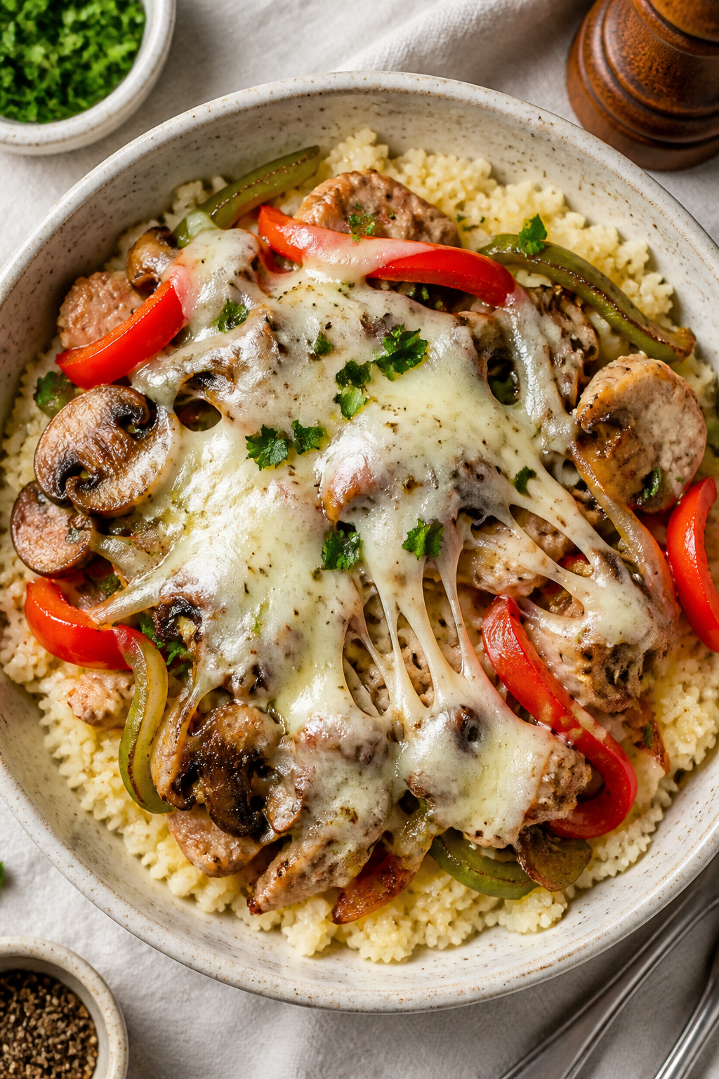 Tasty top view: Overhead shot of Low Carb Chicken Philly Cheesesteak Bowls served on warm cauliflowe