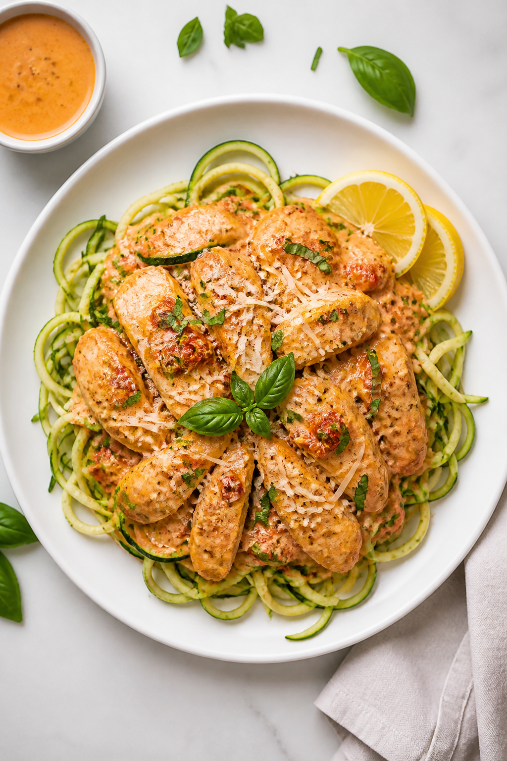 Tasty top view: Overhead shot of Low Carb Creamy Tomato Basil Chicken plated over twirled zucchini n