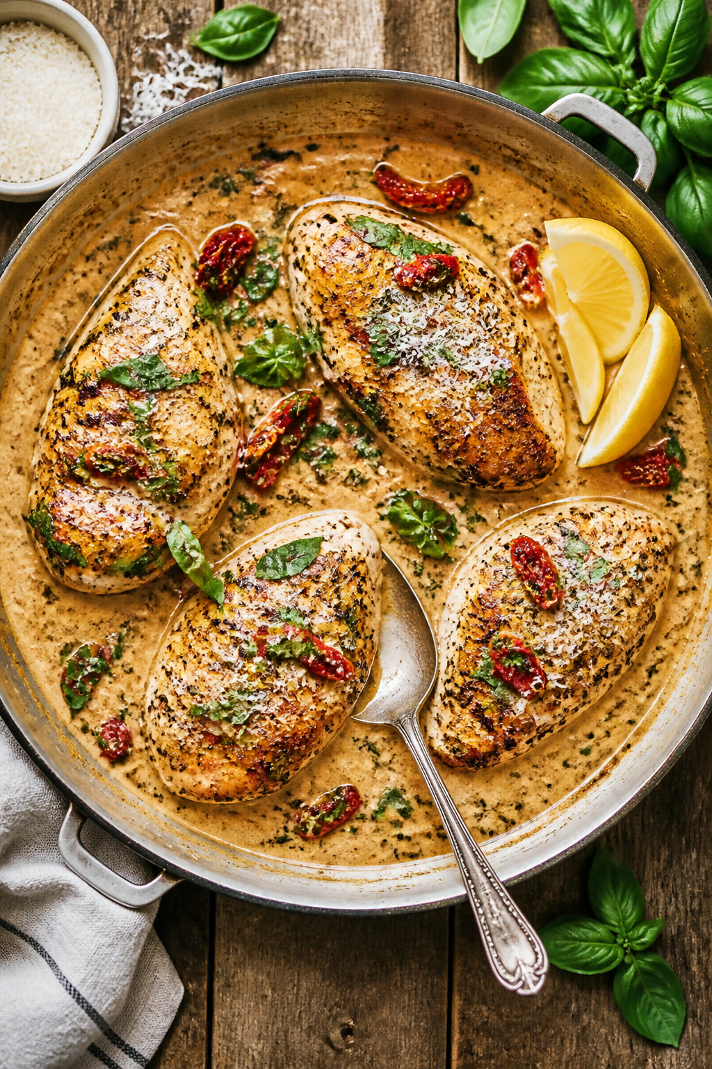 Tasty top view: Overhead shot of Marry Me Chicken served family-style in a wide, shallow skillet; fo