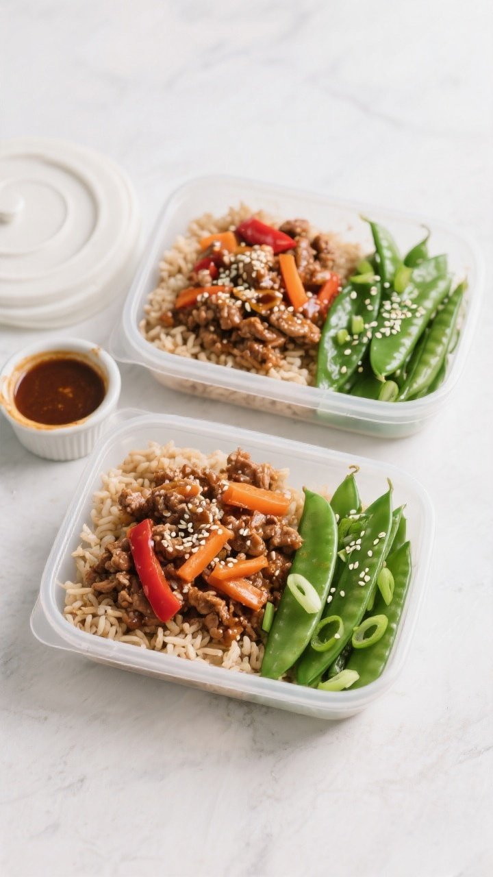 Tasty top view: Overhead shot of meal-prep containers neatly portioned with brown rice, a generous l