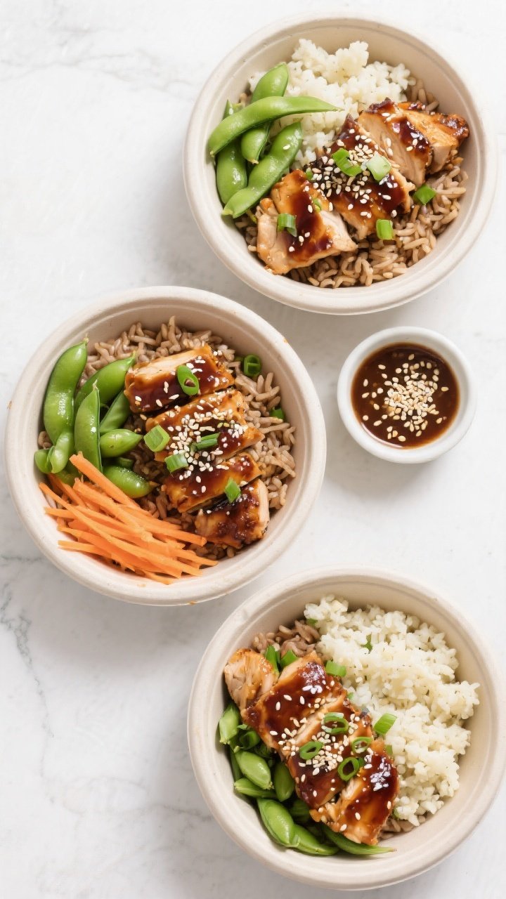 Tasty top view: Overhead shot of meal-prep style bowls—three neatly arranged portions of teriyaki 