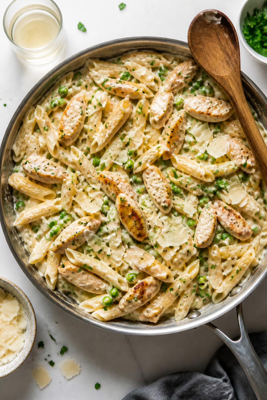 Tasty top view: Overhead shot of penne Alfredo with rotisserie chicken and peas in a wide skillet, s