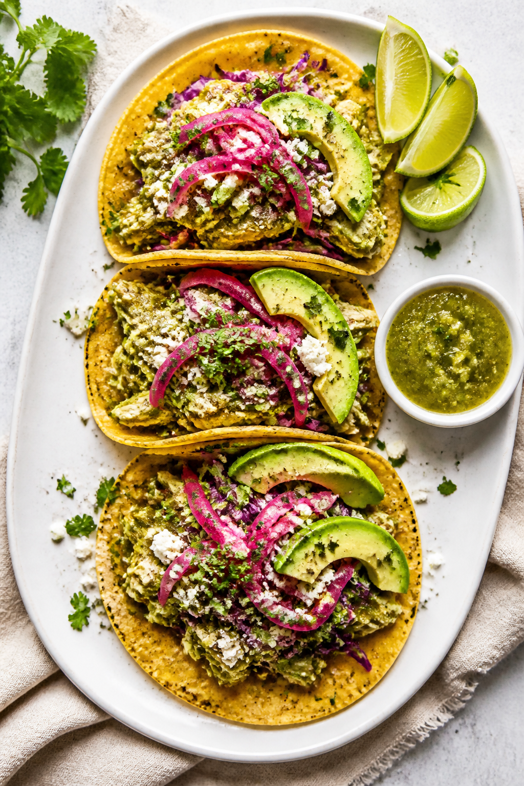 Tasty top view: Overhead shot of Salsa Verde Chicken tacos—warm corn tortillas filled with saucy s