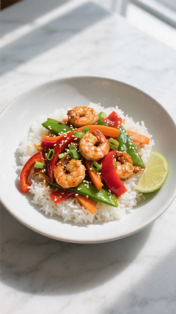 Tasty top view: Overhead shot of Spicy Garlic Shrimp Stir Fry served over fluffy jasmine rice in a w