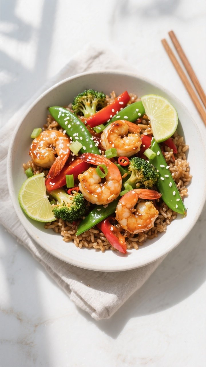 Tasty top view: Overhead shot of Spicy High-Protein Shrimp Stir Fry served over fluffy brown rice in