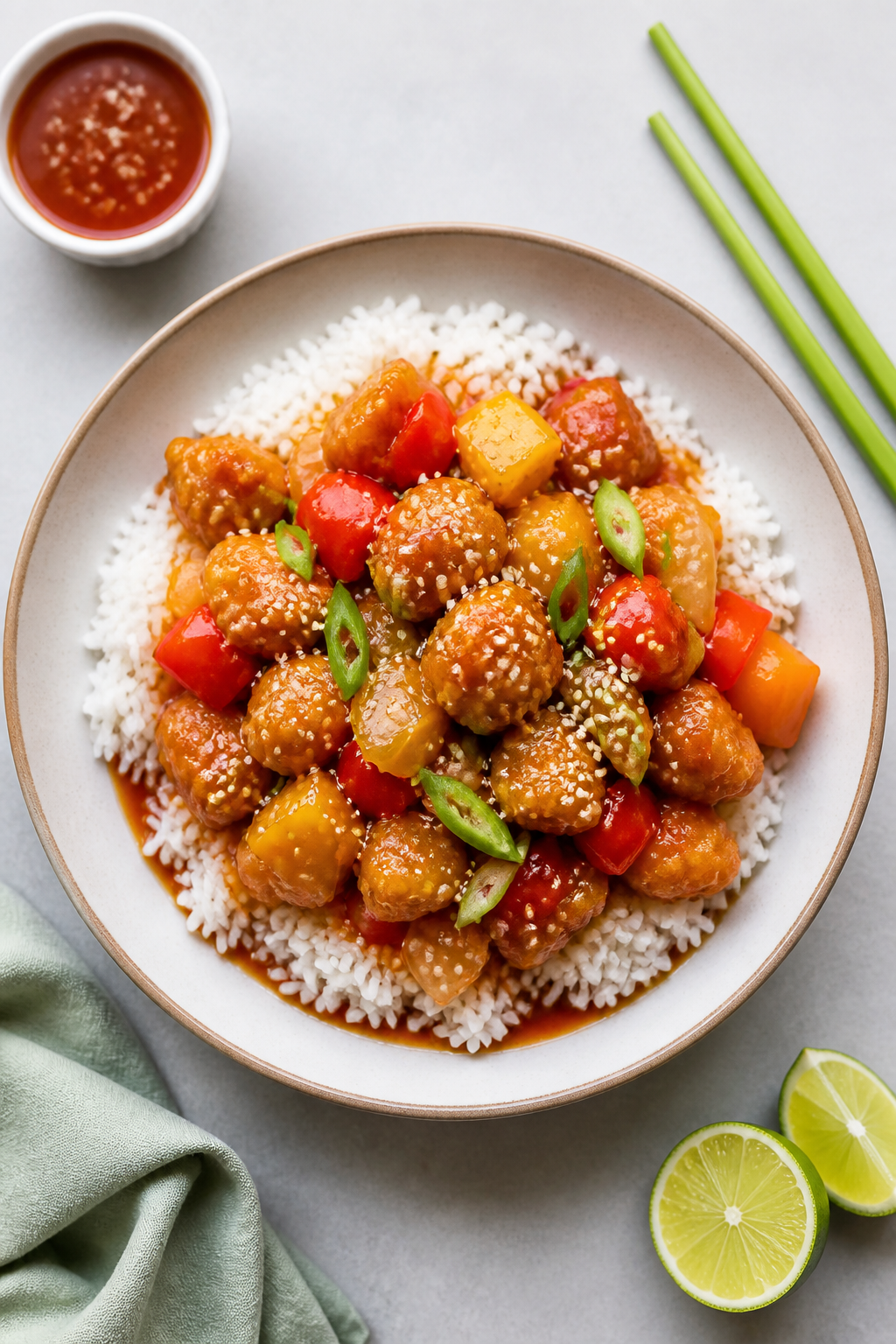 Tasty top view: Overhead shot of sweet & sour chicken served over fluffy white jasmine rice in a wid